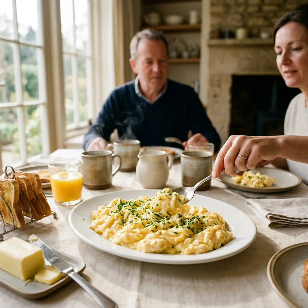 Platter of soft scrambled eggs with chives served family-style at a sunlit breakfast table