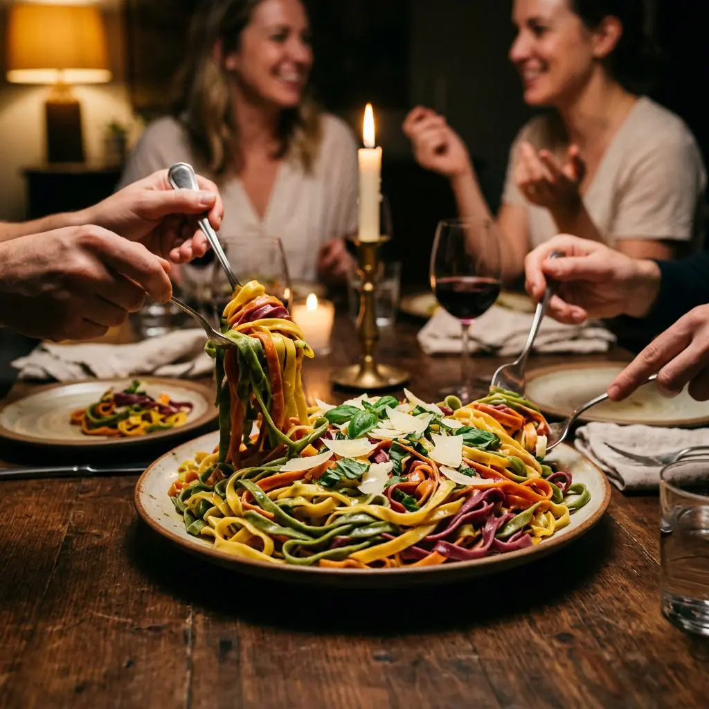 Platter of colorful fresh pasta ribbons in green, gold, orange and purple served at a candlelit dinner table