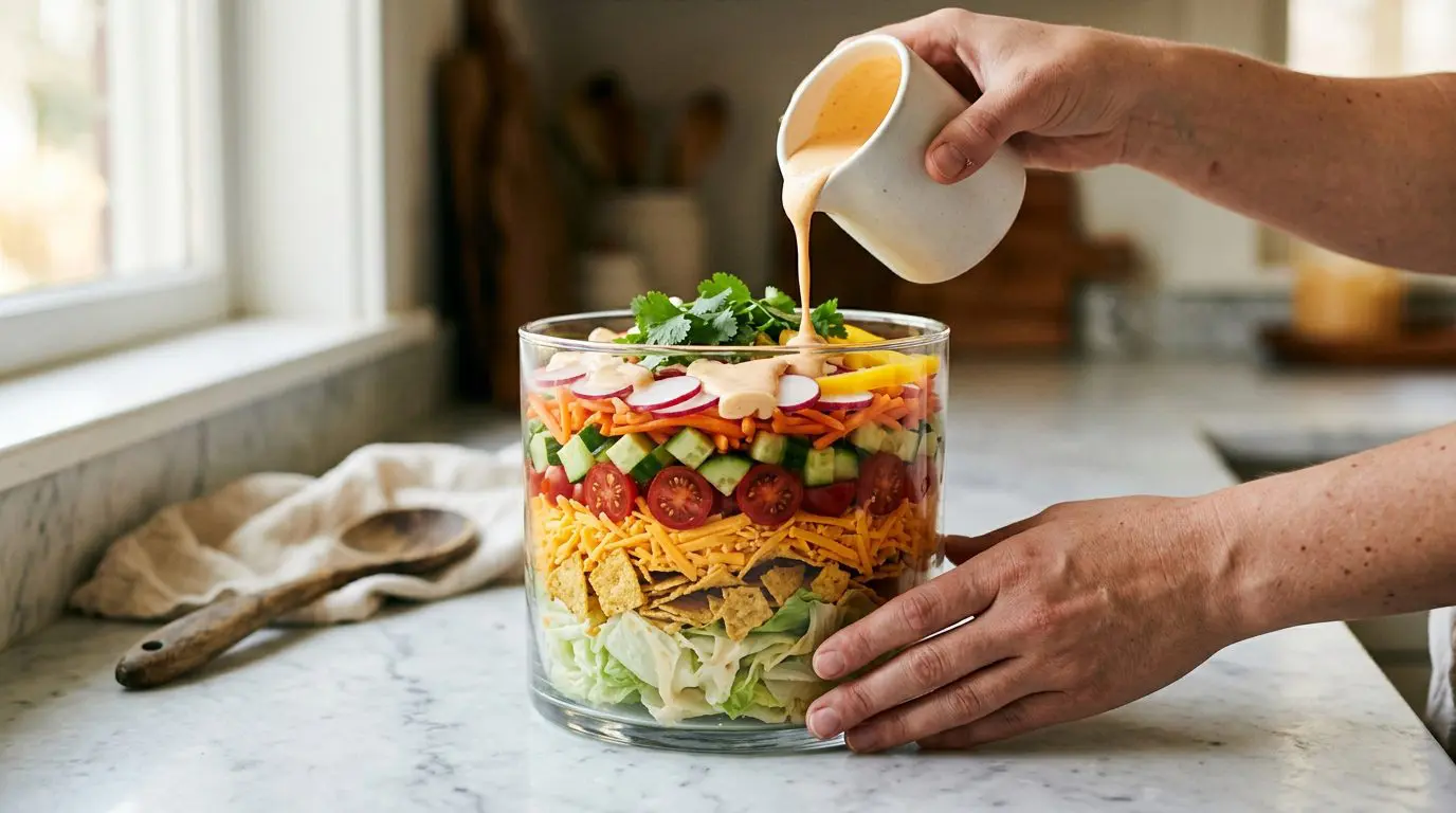 Creamy dressing being drizzled over a layered chopped harvest salad in a glass bowl
