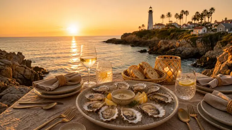 Tide to Table seaside supper: oysters, sliced bread and white wine on a stone table above the ocean at sunset