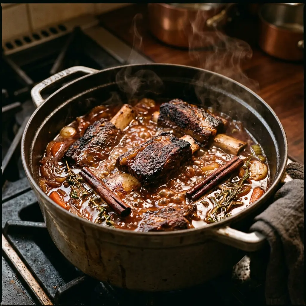 Chili Roasted Short Rib Paella being assembled, short rib meat layered over rice with sliced Portobello mushrooms