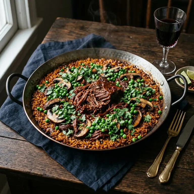 Stunning plated serving of Chili Roasted Short Rib Paella, a chef-tested recipe by Chef Jorj Morgan.