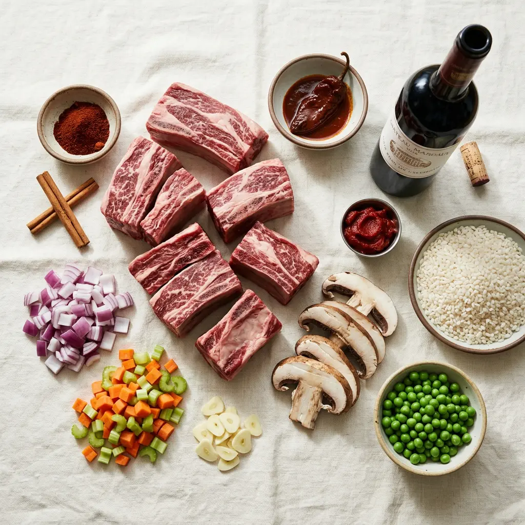 Ingredients for Chili Roasted Short Rib Paella, including short ribs, cinnamon sticks, and chipotle peppers in adobo