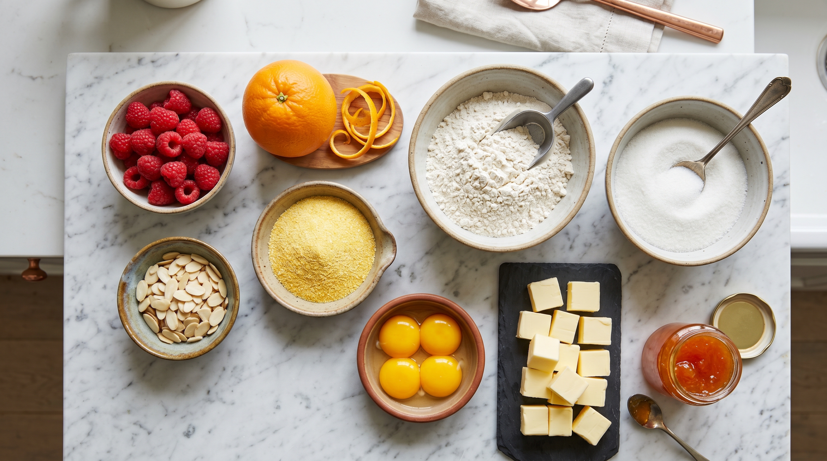 Ingredients for a raspberry shortbread tart laid out on marble: raspberries, orange, flour, sugar, almonds, egg yolks, butter and jam