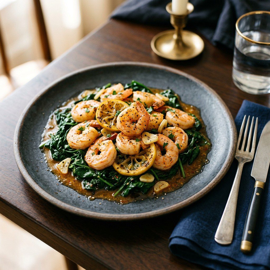 Stunning plated serving of Spicy Cajun Shrimp over Sautéed Baby Spinach, a chef-tested recipe by Chef Jorj Morgan.