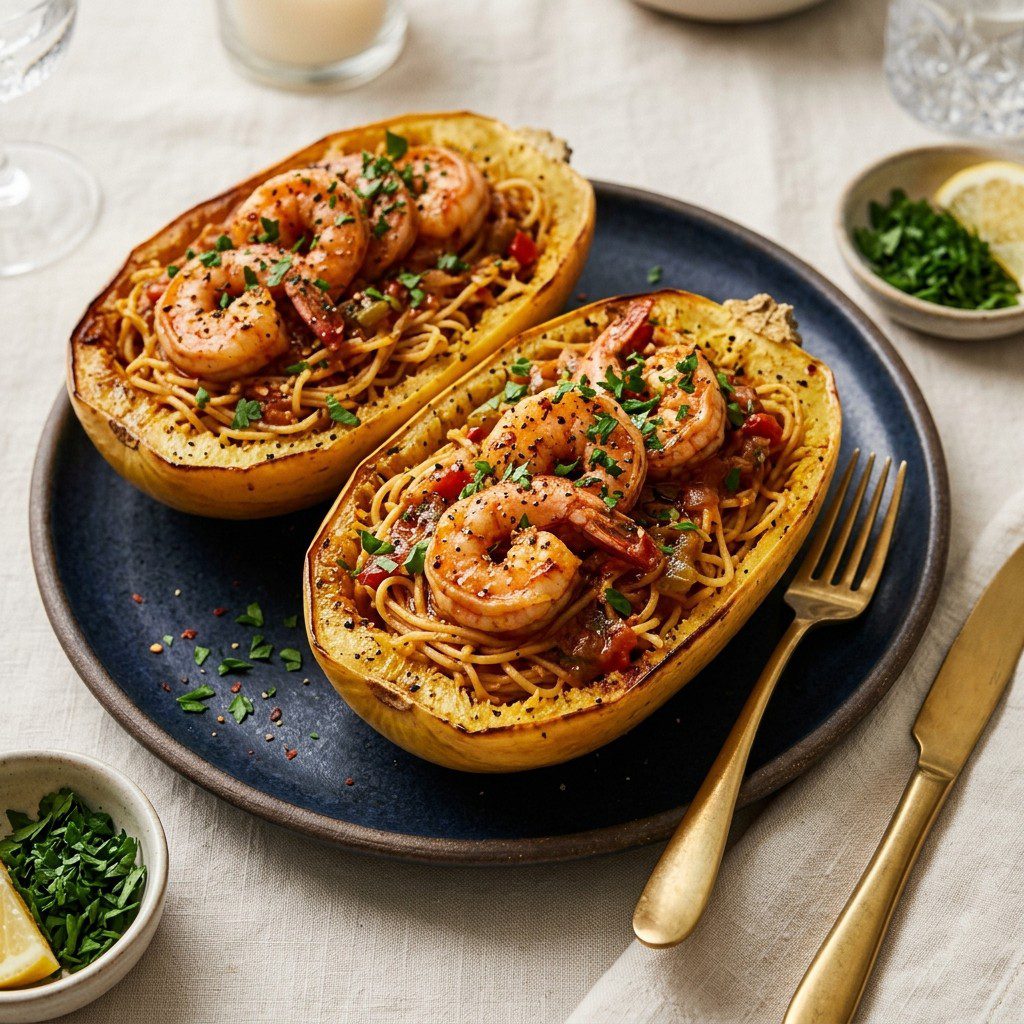 Stunning plated serving of Creole Shrimp Roasted Spaghetti Squash Boats, a chef-tested recipe by Chef Jorj Morgan.