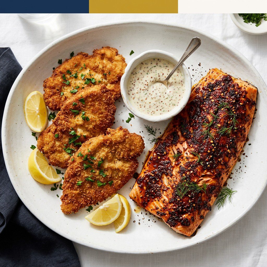 Stunning plated serving of Make-Ahead Breaded Chicken Milanese & Chili Salmon, a chef-tested recipe by Chef Jorj Morgan.