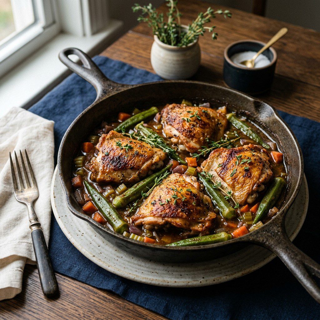 Stunning plated serving of Braised Chicken Thighs, a chef-tested recipe by Chef Jorj Morgan.