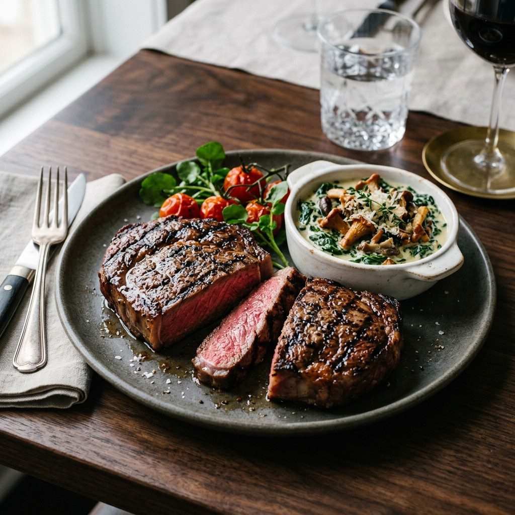Stunning plated serving of Grilled Prime Ribeye Cap Steaks (Spinalis), a chef-tested recipe by Chef Jorj Morgan.