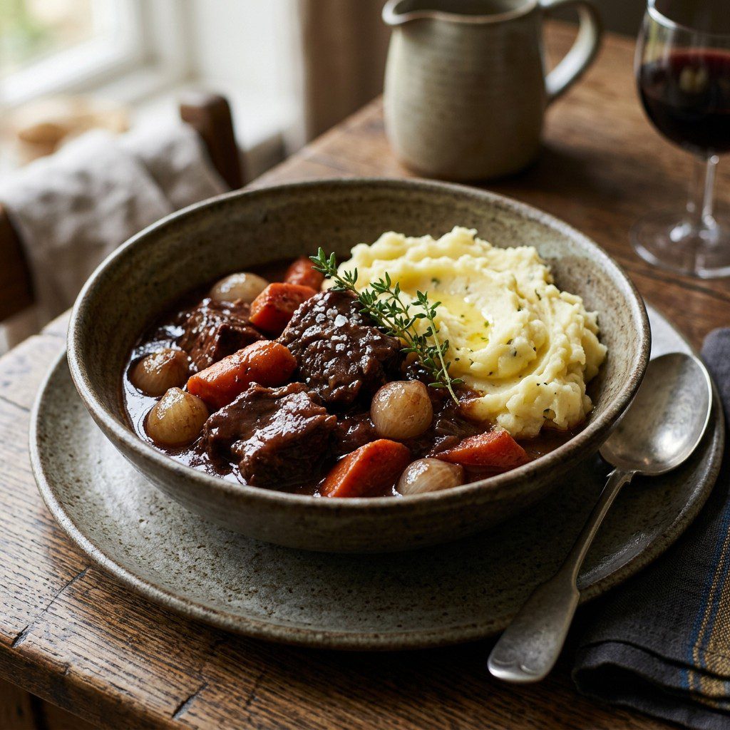Stunning plated serving of Signature Beef Bourguignon, a chef-tested recipe by Chef Jorj Morgan.