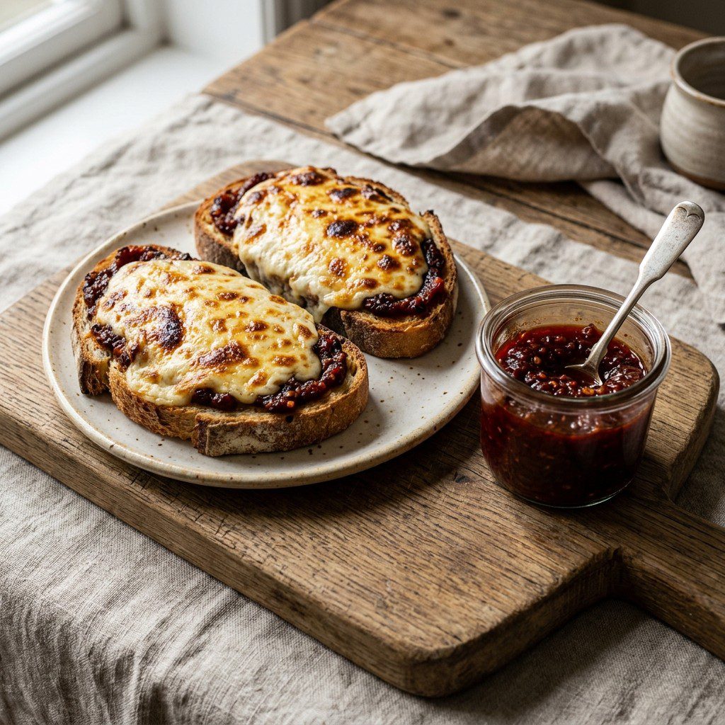 Stunning plated serving of Welsh Rarebit with Roasted Red Pepper Chutney, a chef-tested recipe by Chef Jorj Morgan.
