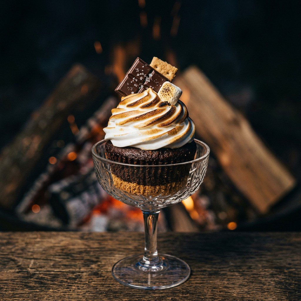 Stunning plated serving of Toasted S’mores Cupcakes with Coffee-Enhanced Chocolate, a chef-tested recipe by Chef Jorj Morgan.