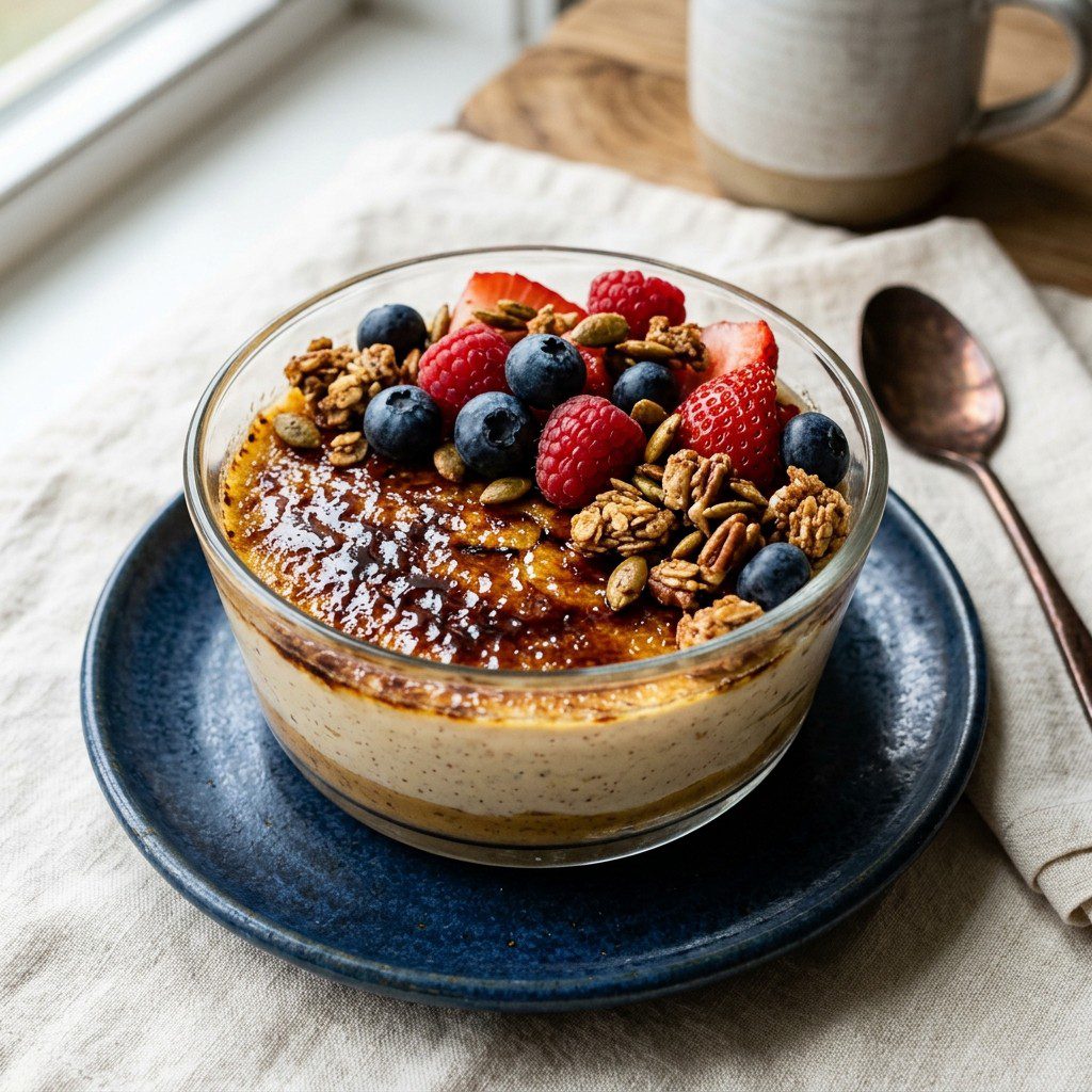 Stunning plated serving of Pumpkin Spice Yogurt with Granola & Berries, a chef-tested recipe by Chef Jorj Morgan.
