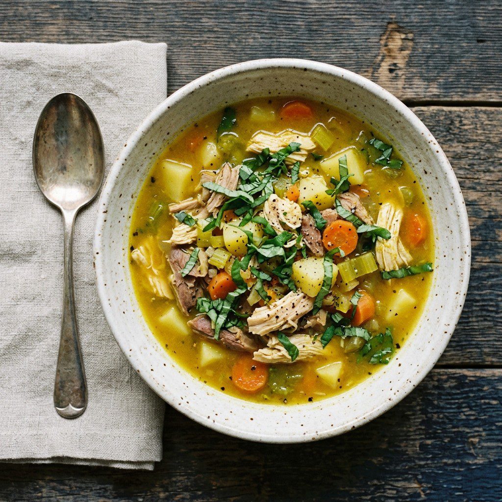 Stunning plated serving of Turmeric and Jalapeño Chicken Soup, a chef-tested recipe by Chef Jorj Morgan.