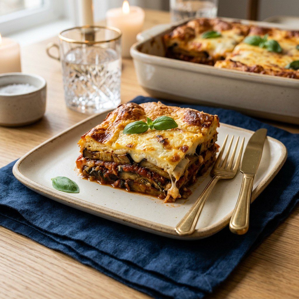 Stunning plated serving of Baked Eggplant & Ricotta Casserole, a chef-tested recipe by Chef Jorj Morgan.