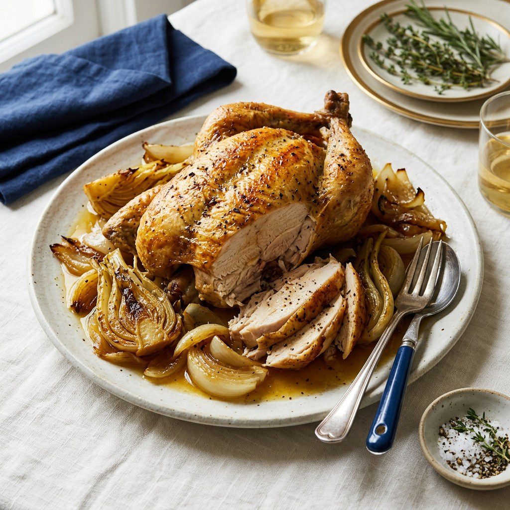 Stunning plated serving of Slow Cooker Rotisserie Chicken, a chef-tested recipe by Chef Jorj Morgan.