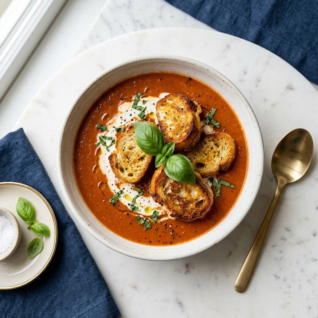 Stunning plated serving of Roasted Garlic & Tomato Basil Soup, a chef-tested recipe by Chef Jorj Morgan.