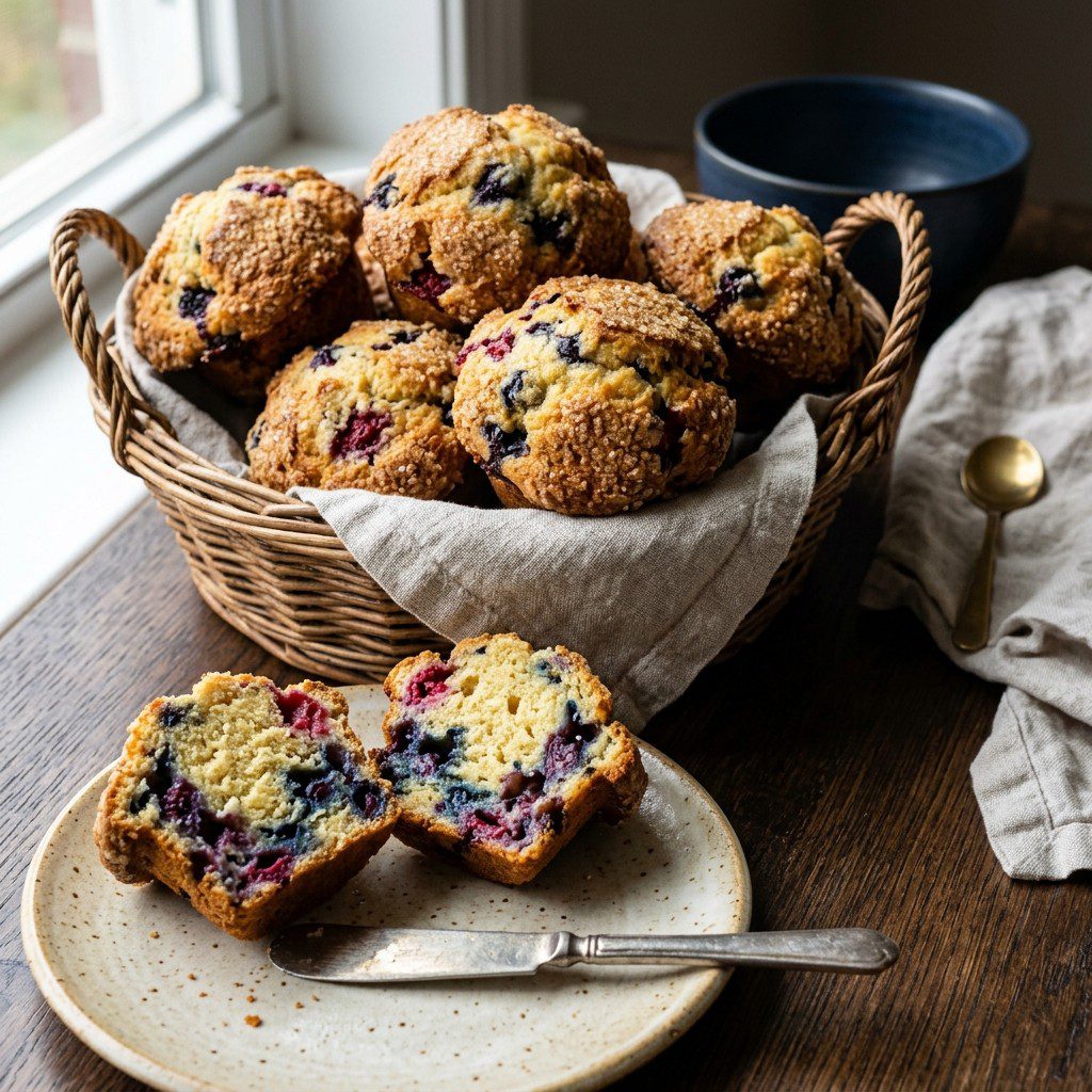 Stunning plated serving of Very Berry Muffins, a chef-tested recipe by Chef Jorj Morgan.