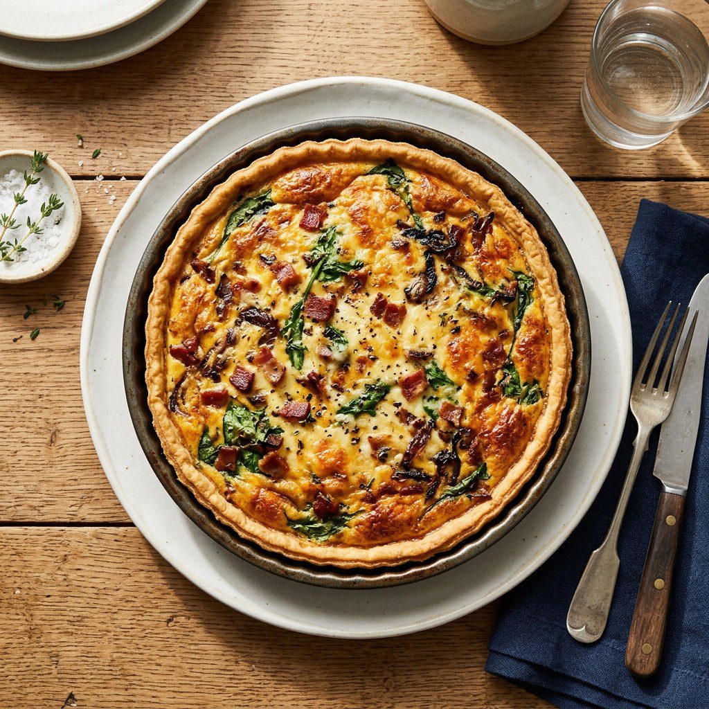 Stunning plated serving of Smoked Gruyere & Bacon Tart, a chef-tested recipe by Chef Jorj Morgan.