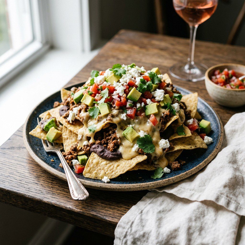 Stunning plated serving of Loaded Nachos with Sausage & Refried Beans, a chef-tested recipe by Chef Jorj Morgan.