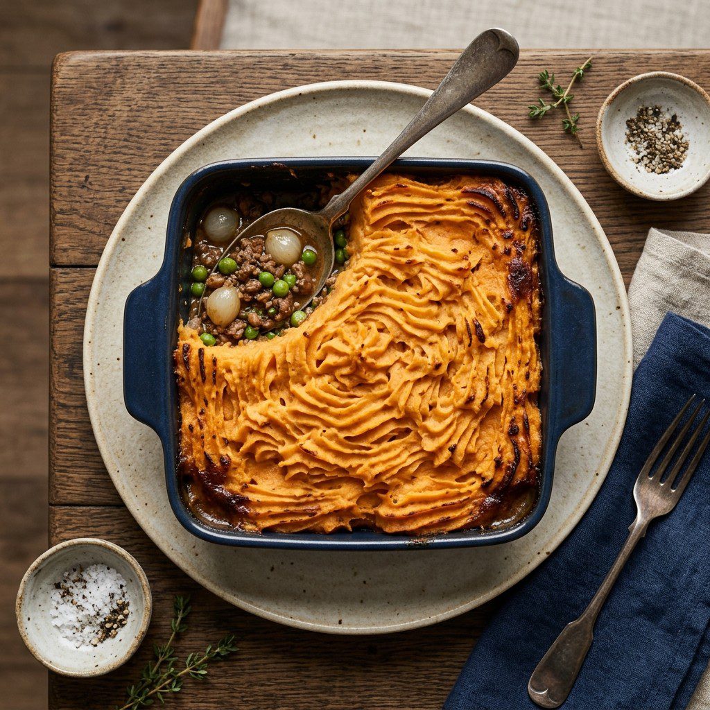 Stunning plated serving of Heavenly Shepherd’s Pie with Sweet Potato, a chef-tested recipe by Chef Jorj Morgan.