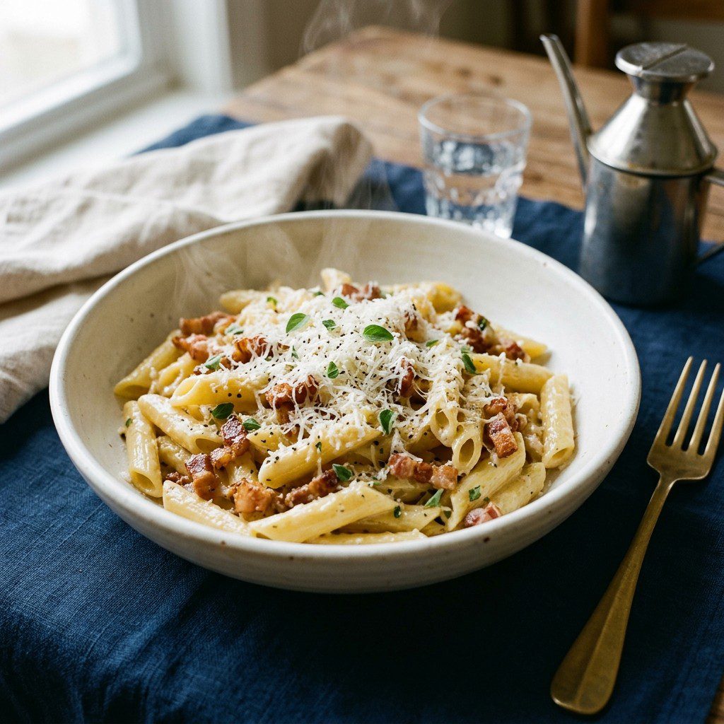 Stunning plated serving of Penne Pasta Carbonara, a chef-tested recipe by Chef Jorj Morgan.