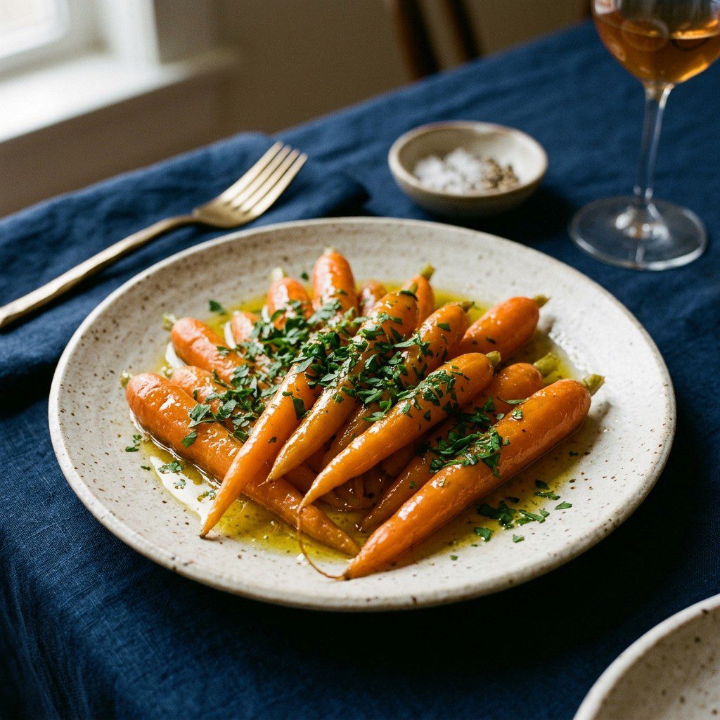 Stunning plated serving of Olive Oil Poached Carrots, a chef-tested recipe by Chef Jorj Morgan.