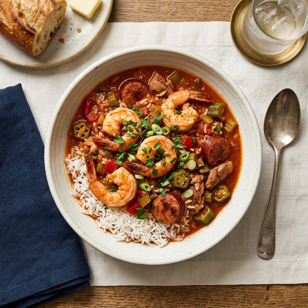 Stunning plated serving of Shrimp & Andouille Sausage Jambalaya Stew, a chef-tested recipe by Chef Jorj Morgan.