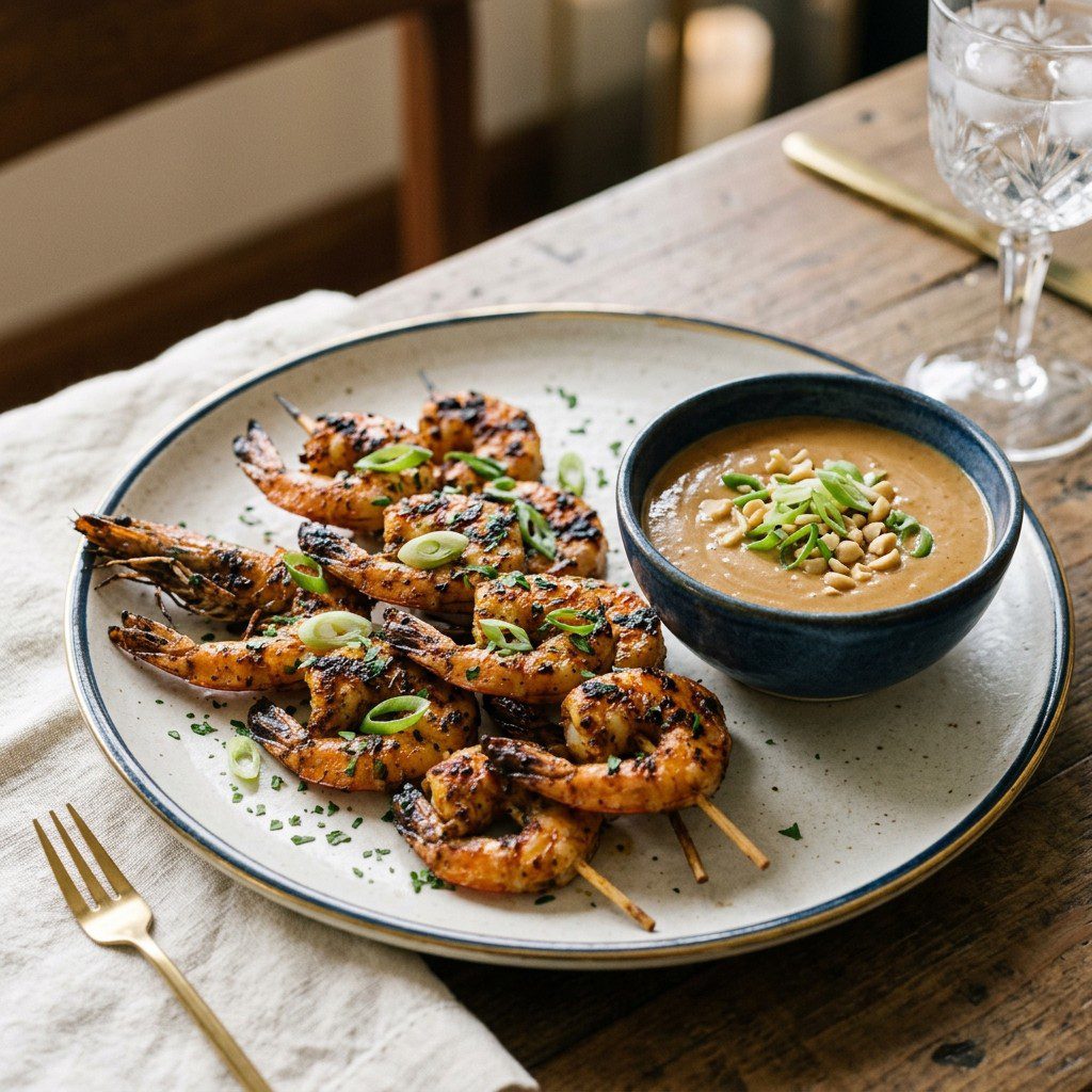 Stunning plated serving of Marinated Shrimp & Ginger-Peanut Dipping Sauce, a chef-tested recipe by Chef Jorj Morgan.