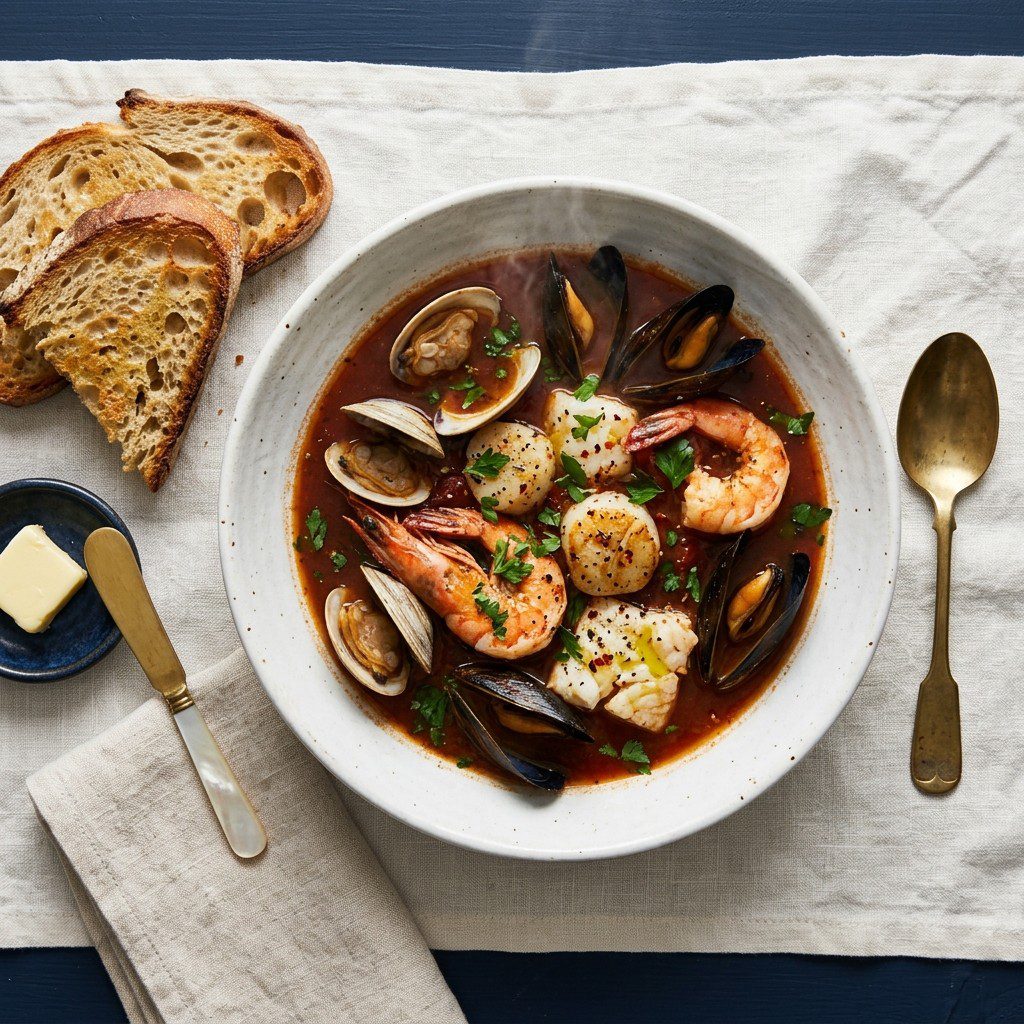 Stunning plated serving of Coastal Seafood Stew, a chef-tested recipe by Chef Jorj Morgan.