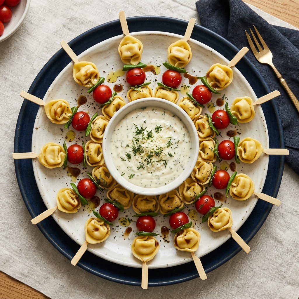 Stunning plated serving of Tortellini Skewers & Parmesan Dip, a chef-tested recipe by Chef Jorj Morgan.
