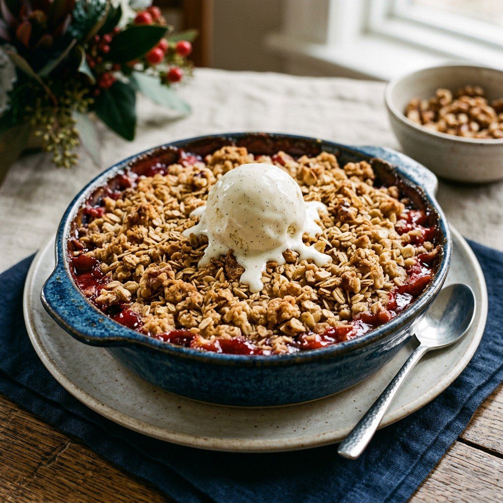 Stunning plated serving of Winter Harvest Fruit Crumble, a chef-tested recipe by Chef Jorj Morgan.