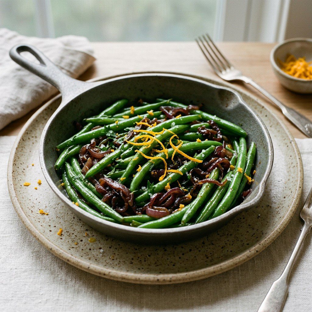 Stunning plated serving of Citrus Sautéed Green Beans, a chef-tested recipe by Chef Jorj Morgan.