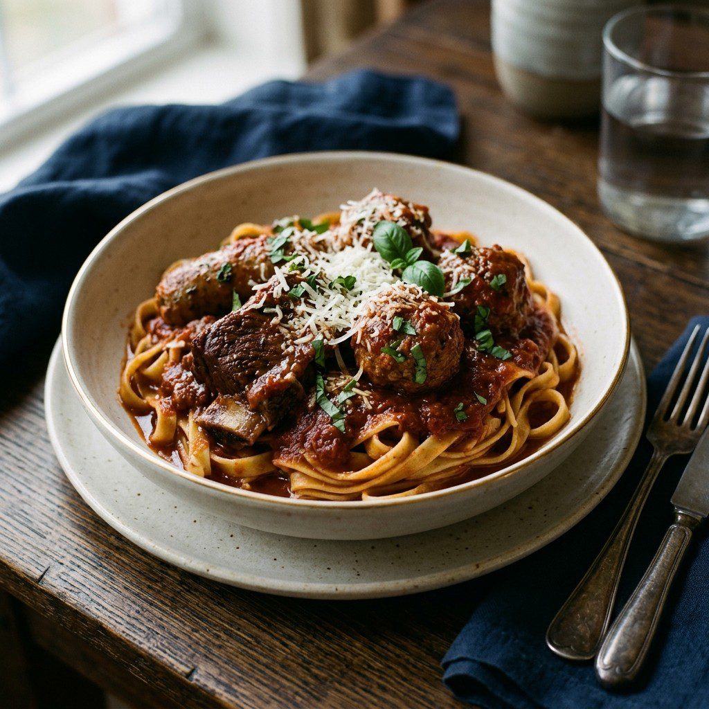 Stunning plated serving of Beef and Pork Italian Sunday Gravy, a chef-tested recipe by Chef Jorj Morgan.