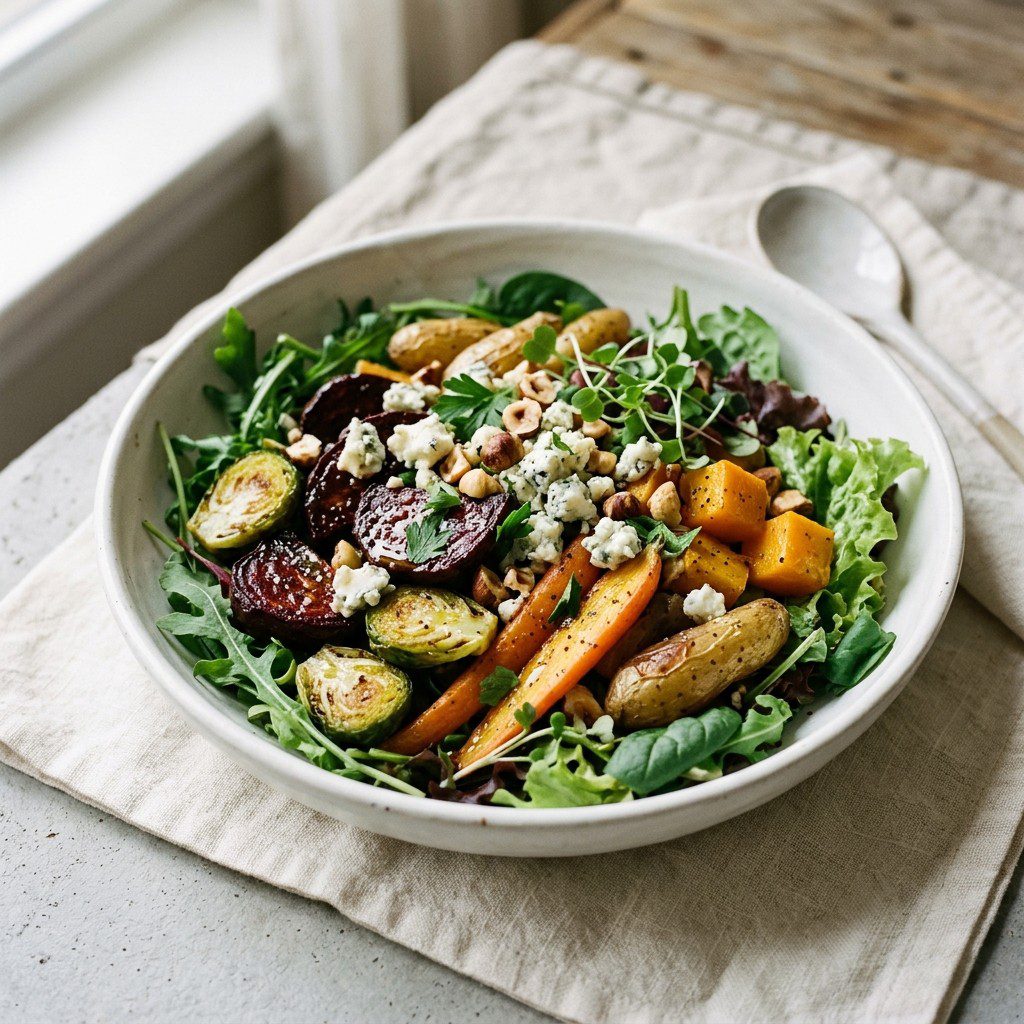 Stunning plated serving of Roasted Winter Harvest Beet and Carrot Salad, a chef-tested recipe by Chef Jorj Morgan.