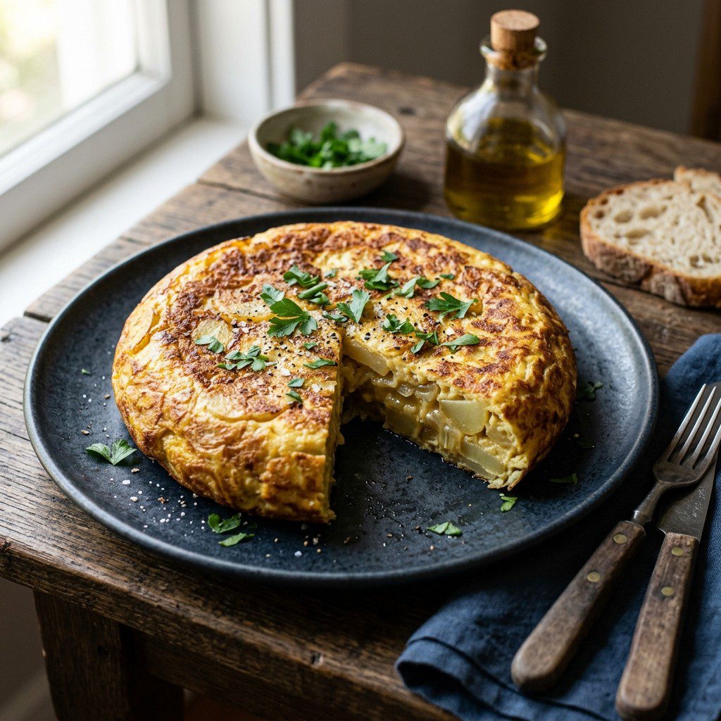 Stunning plated serving of Classic Spanish Potato Tortilla Omelet (Tortilla Española), a chef-tested recipe by Chef Jorj Morgan.