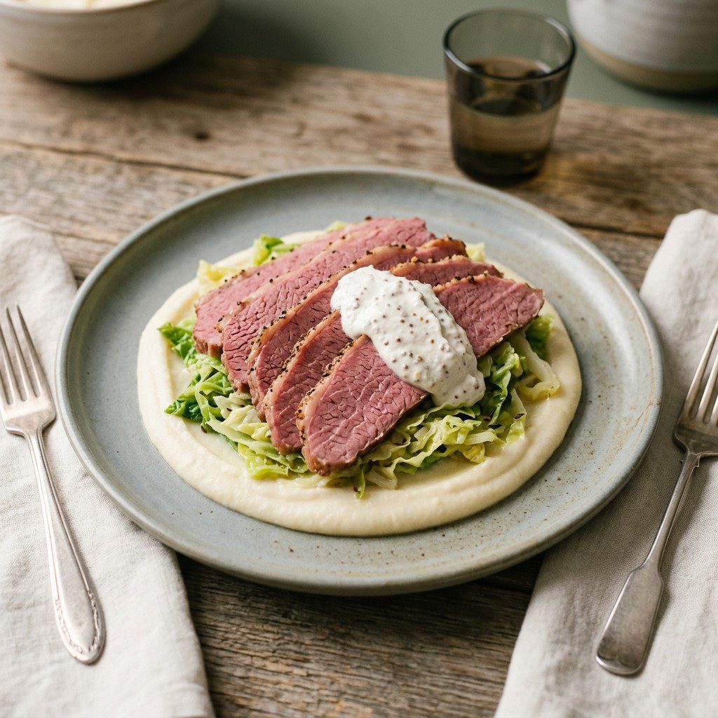 Stunning plated serving of Slow-Cooker Corned Beef with Root Vegetable Puree, a chef-tested recipe by Chef Jorj Morgan.