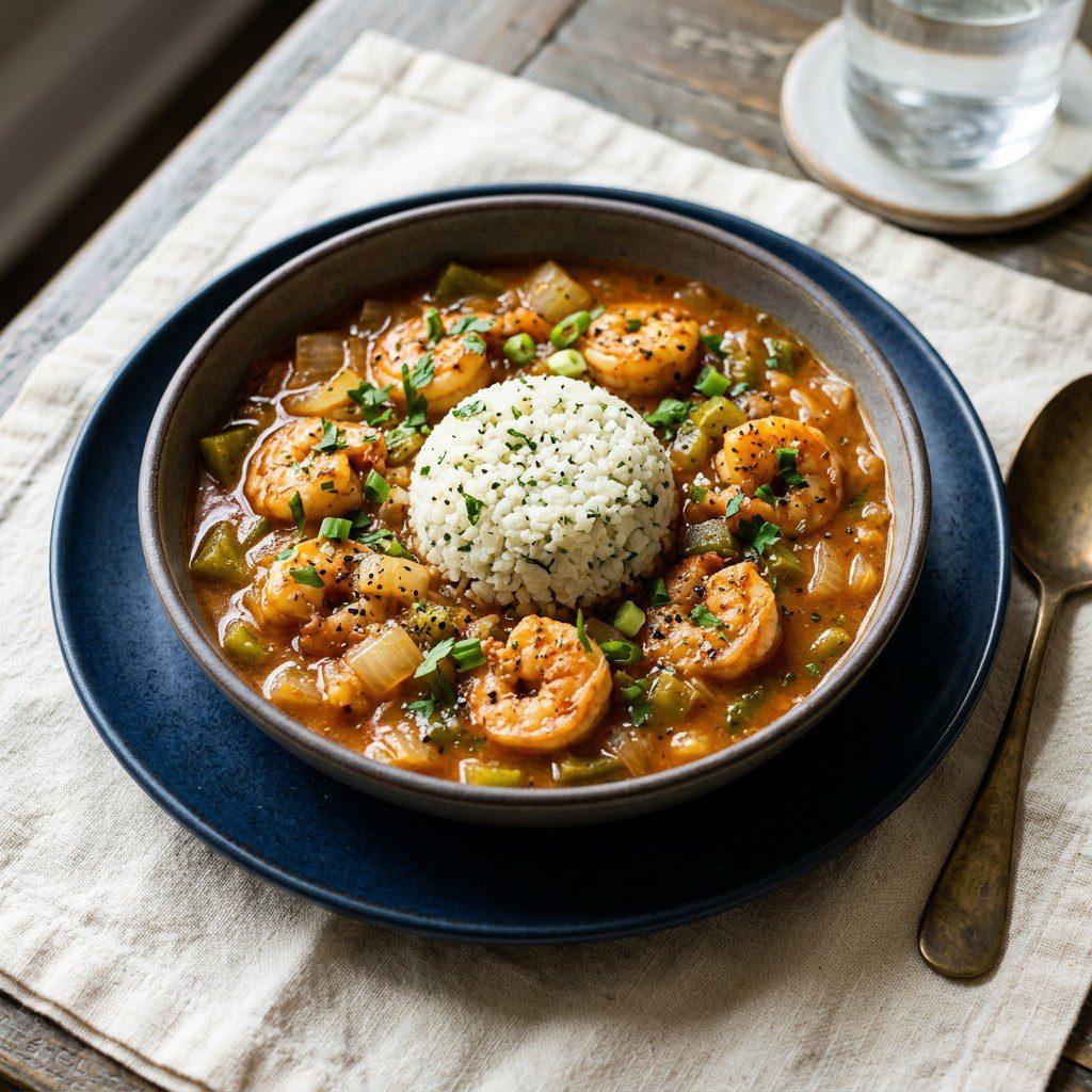 Stunning plated serving of Seafood Étouffée with Cauliflower Rice, a chef-tested recipe by Chef Jorj Morgan.