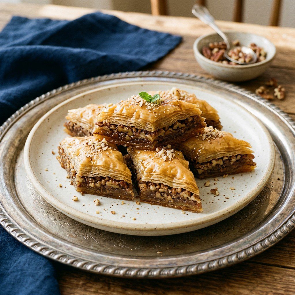Stunning plated serving of Southern Walnut and Pecan Baklava, a chef-tested recipe by Chef Jorj Morgan.