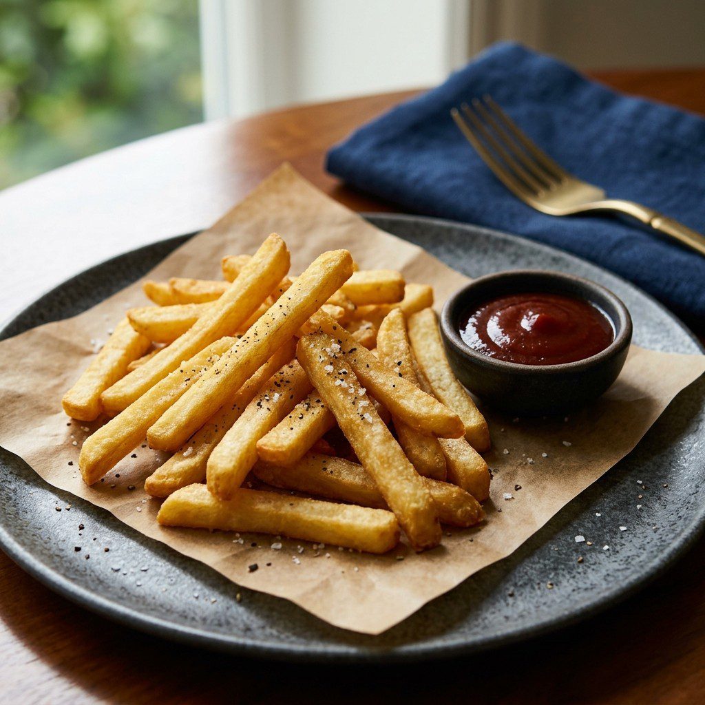 Stunning plated serving of Crispy French Fries with Spiced Homemade Ketchup, a chef-tested recipe by Chef Jorj Morgan.