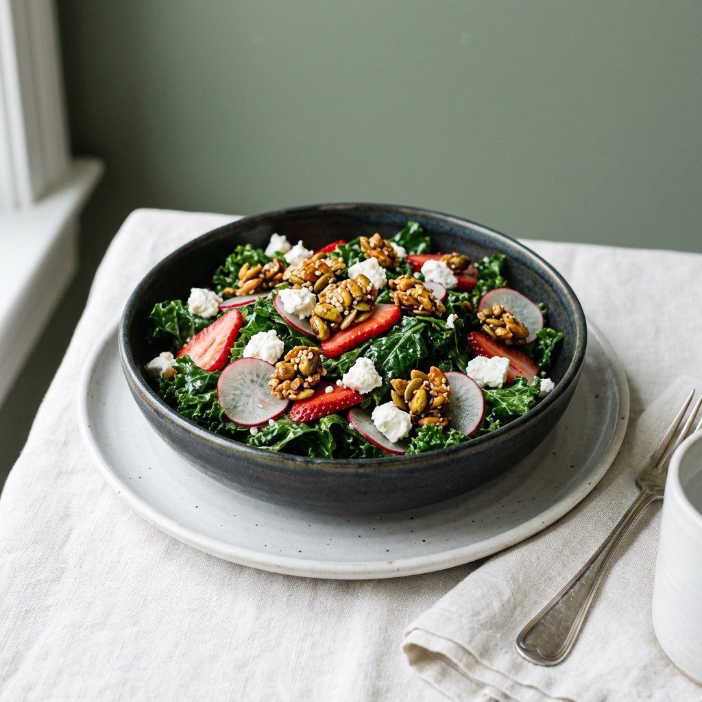 Stunning plated serving of Kale Salad with Strawberries & Goat Cheese, a chef-tested recipe by Chef Jorj Morgan.