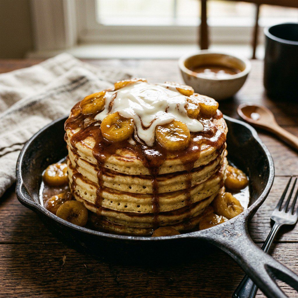 Stunning plated serving of Bananas Foster Skillet Cakes, a chef-tested recipe by Chef Jorj Morgan.