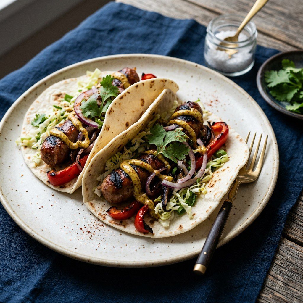 Stunning plated serving of Grilled Bratwurst Tacos, a chef-tested recipe by Chef Jorj Morgan.