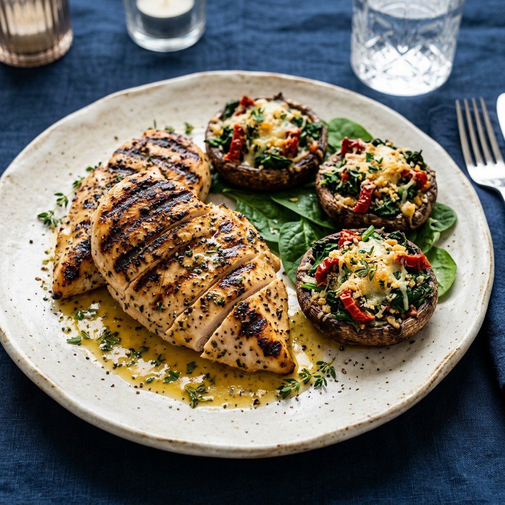 Stunning plated serving of Grilled Chicken & Stuffed Portobellos, a chef-tested recipe by Chef Jorj Morgan.