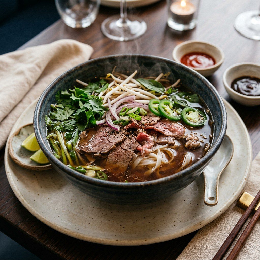 Stunning plated serving of Traditional Vietnamese Beef Pho, a chef-tested recipe by Chef Jorj Morgan.