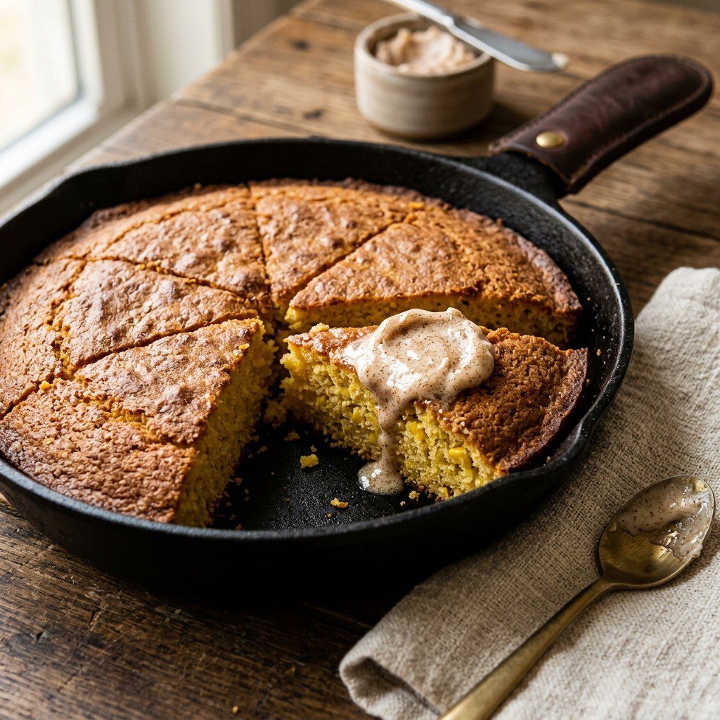 Stunning plated serving of Skillet Cornbread & Cinnamon Butter, a chef-tested recipe by Chef Jorj Morgan.