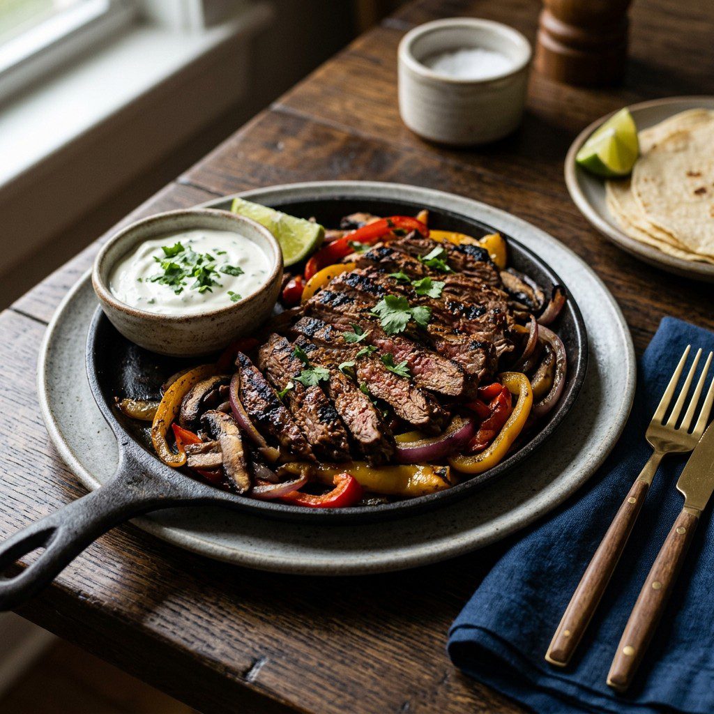 Stunning plated serving of Chuck Wagon Steak Fajitas, a chef-tested recipe by Chef Jorj Morgan.