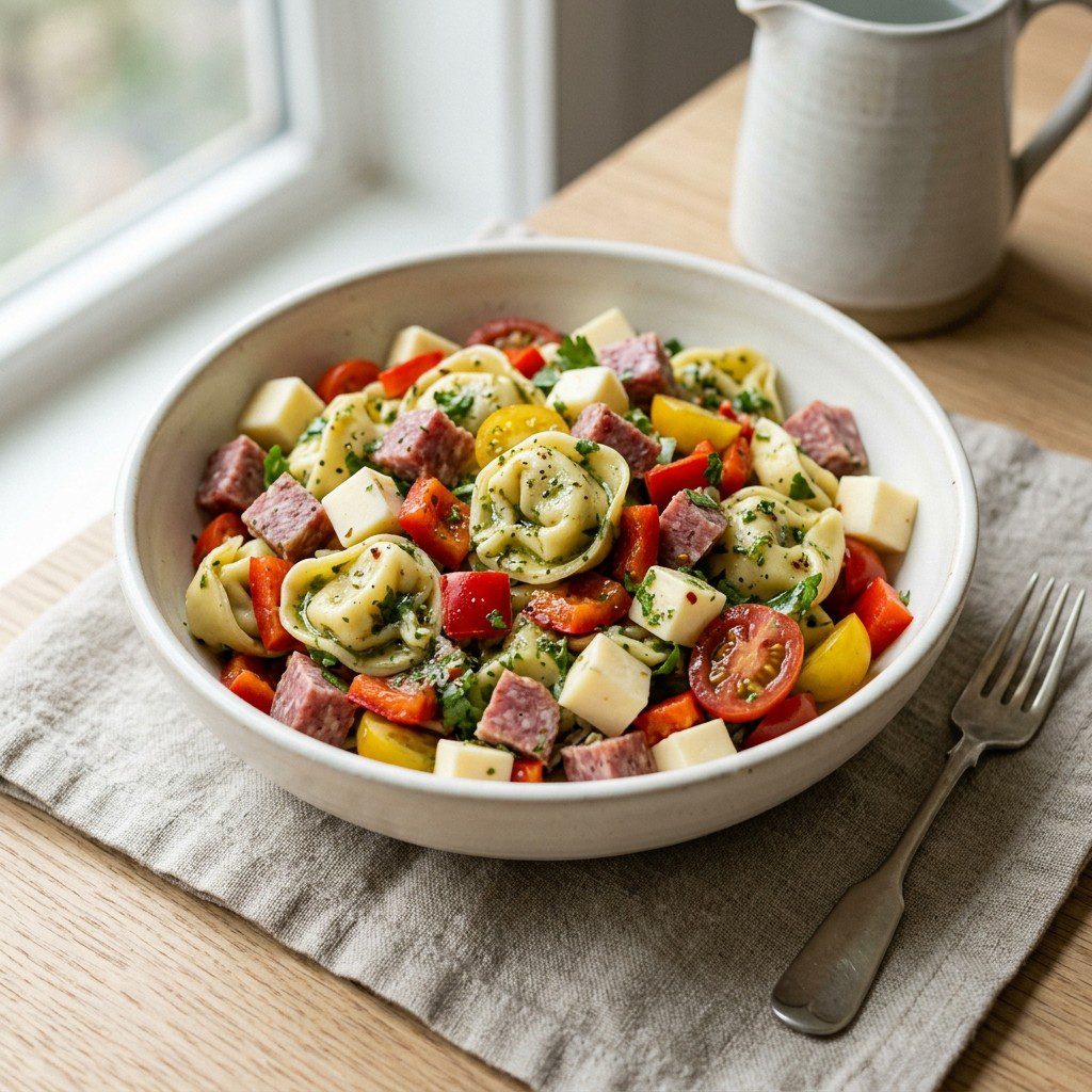 Stunning plated serving of Southwestern Tortellini Pasta Salad, a chef-tested recipe by Chef Jorj Morgan.