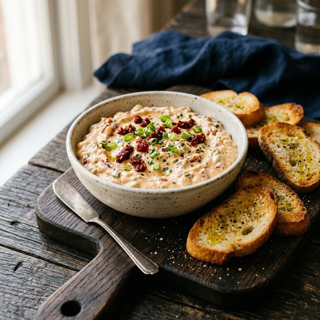 Stunning plated serving of Pimento Cheese & Sun-Dried Tomato Dip, a chef-tested recipe by Chef Jorj Morgan.
