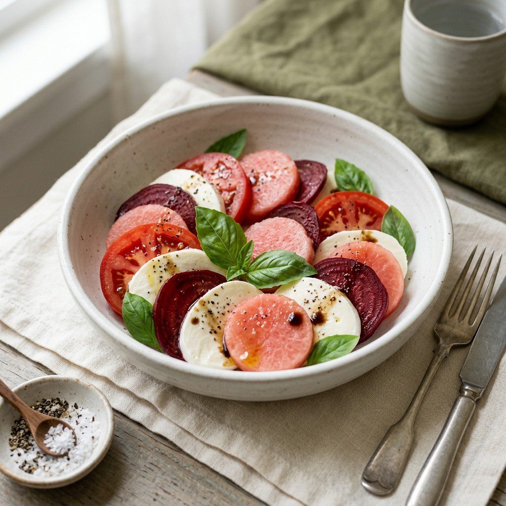 Stunning plated serving of Watermelon Beet Caprese Salad with Peach Vinaigrette, a chef-tested recipe by Chef Jorj Morgan.